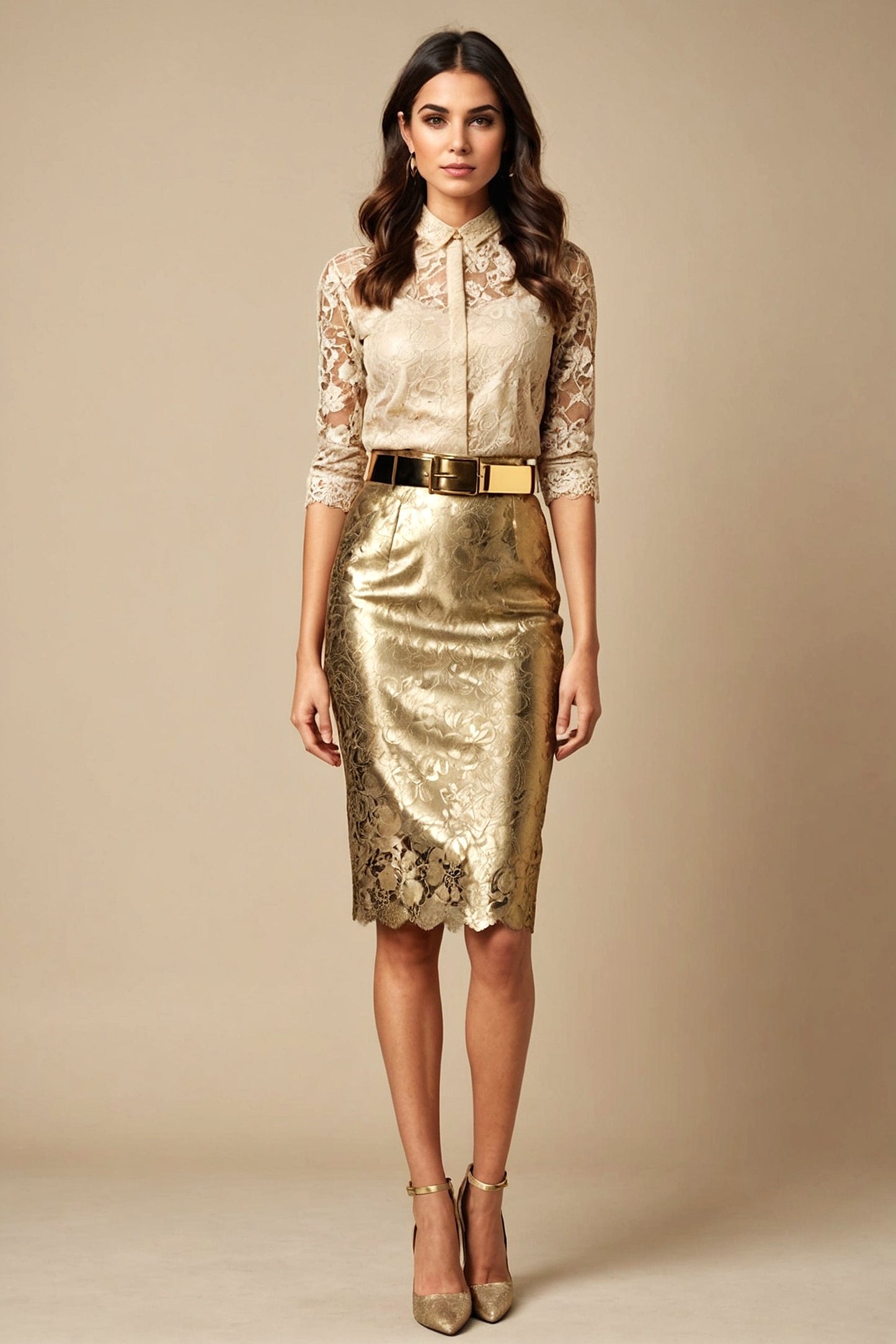 Merit - beautiful beige lace blouse with collar and covered pleat. (All items are made to order - Custom sewing)