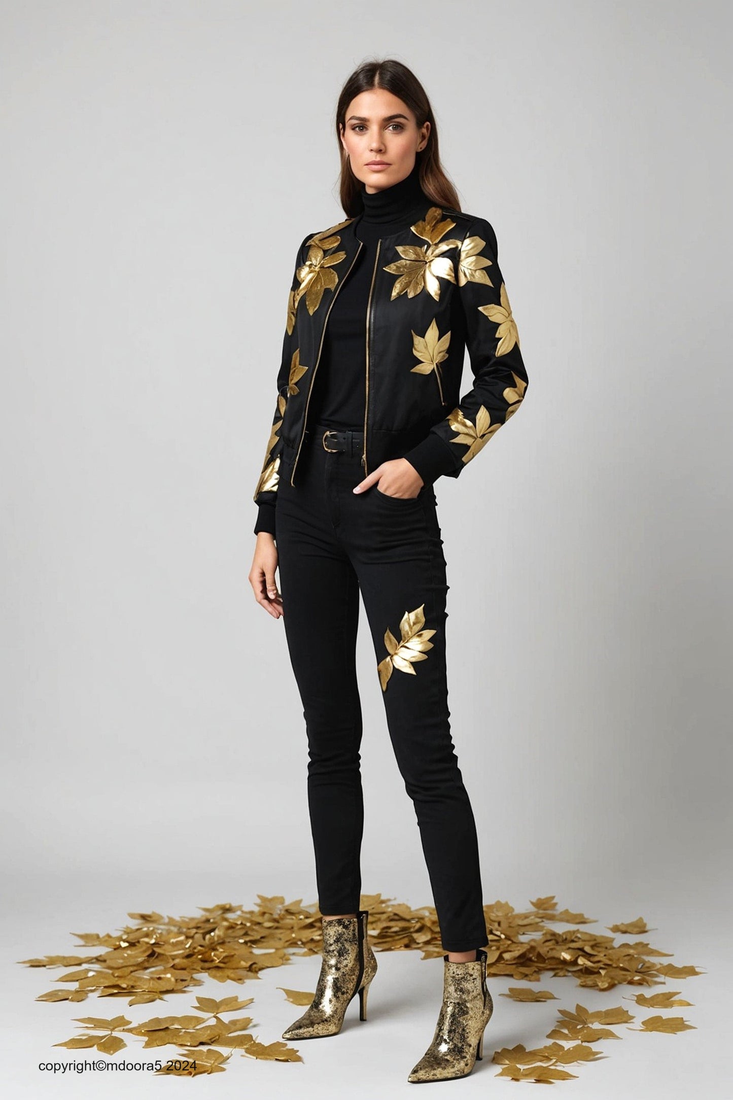 Neith - an elegant bomber jacket decorated with gold leaves. (All items are made to order - Custom sewing)