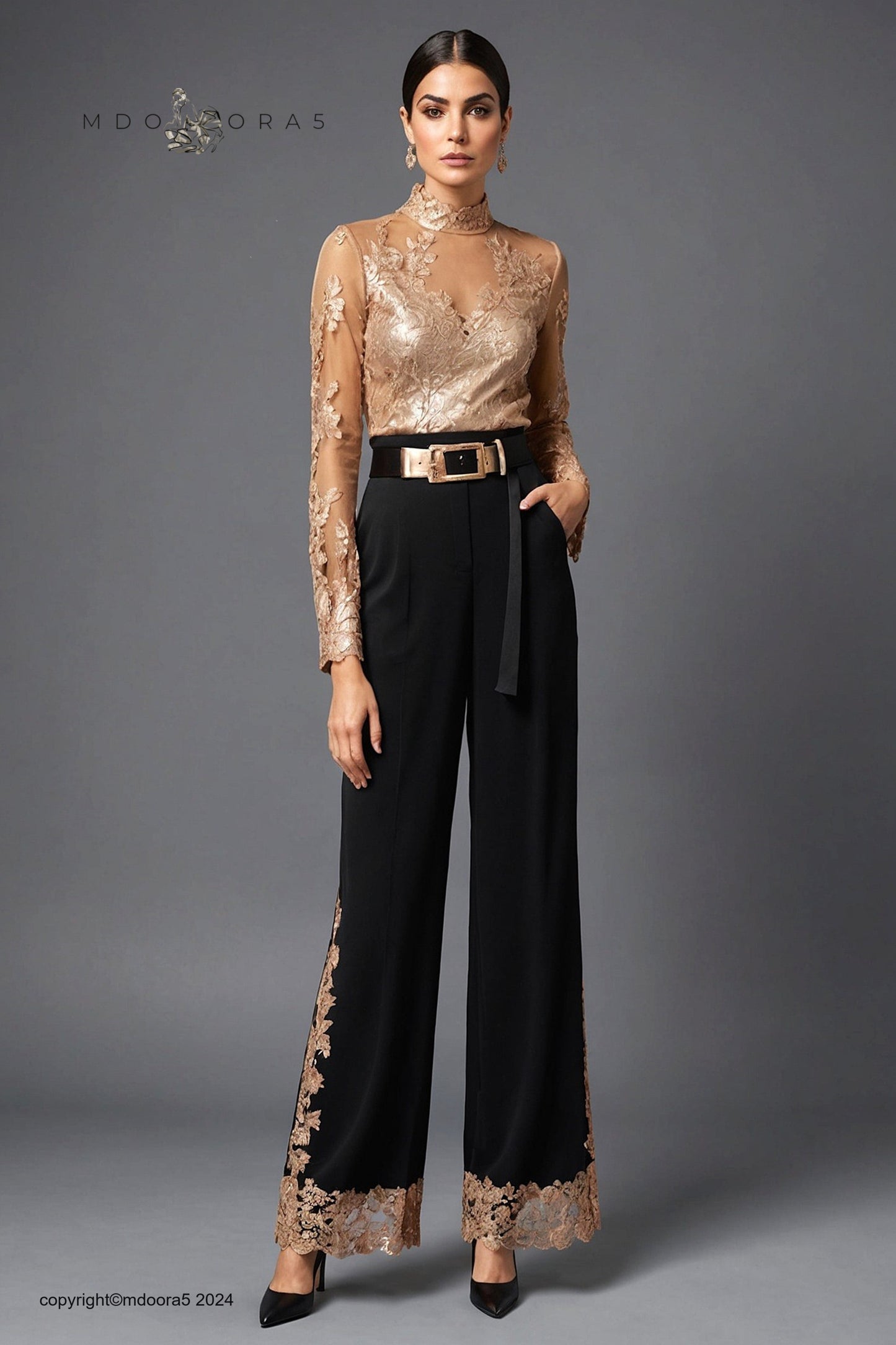 Sitamun - black trousers decorated with beige and gold lace. (All items are made to order - Custom sewing)
