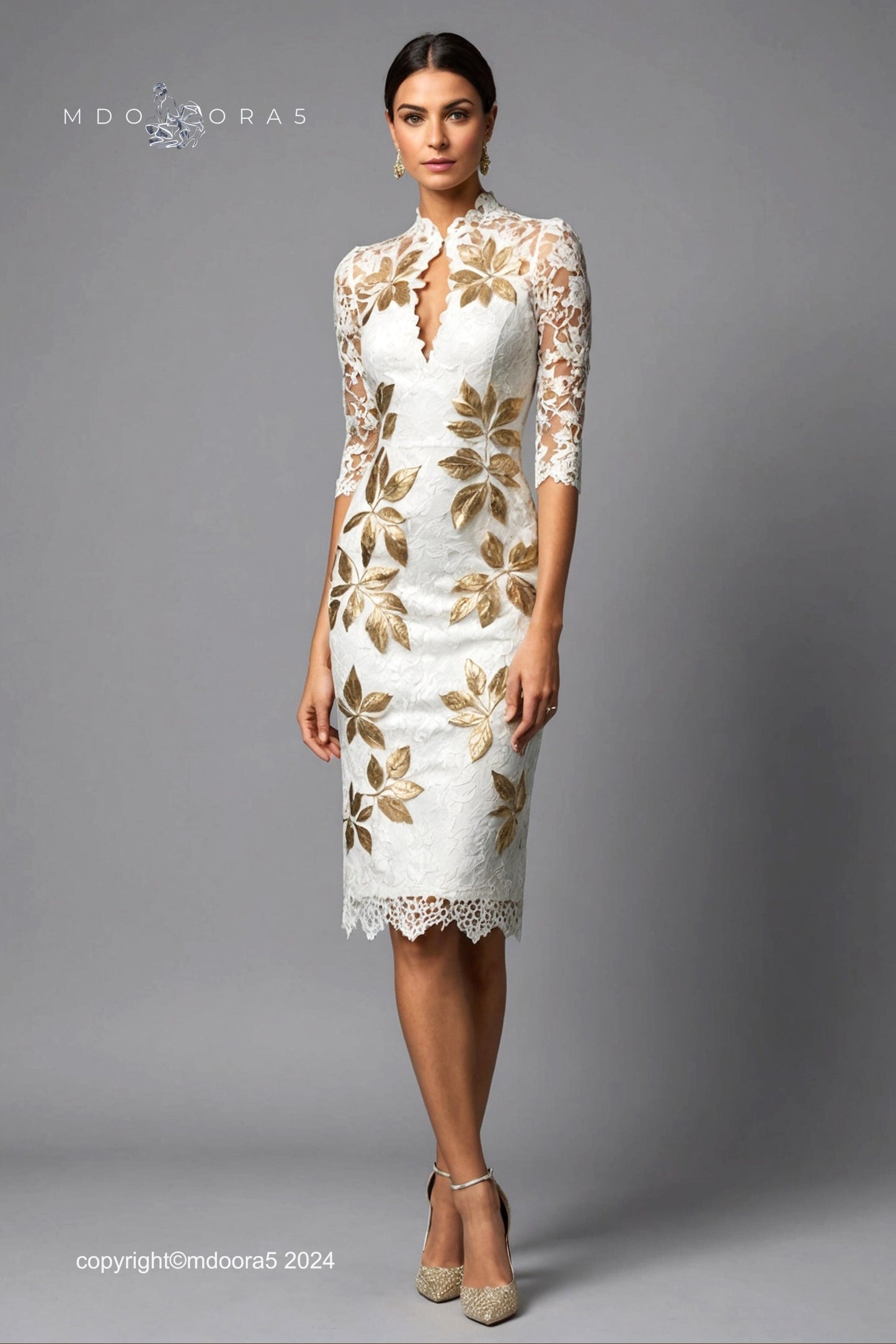 Samira - white and gold lace knee-length evening dress with leaves. (All items are made to order - Custom sewing)