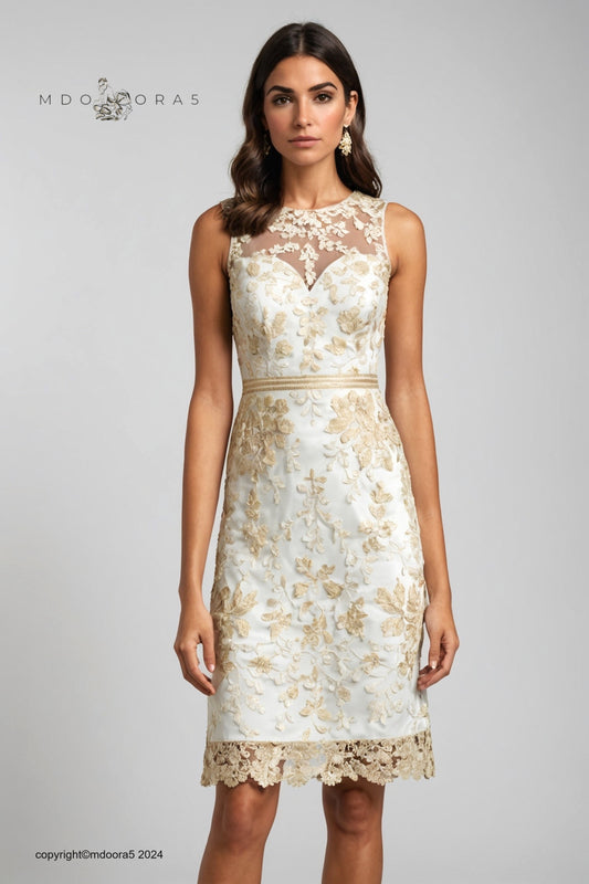 Bastet - white and gold lace knee-length leaf evening dress. (All items are made to order - Custom sewing)