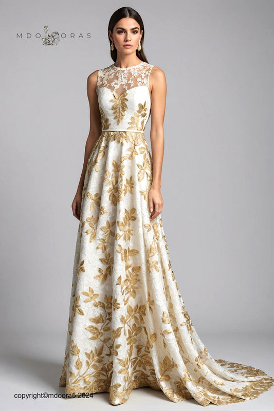 Nadia - long dress made of white and gold lace with straps.  (All items are made to order - Custom sewing)