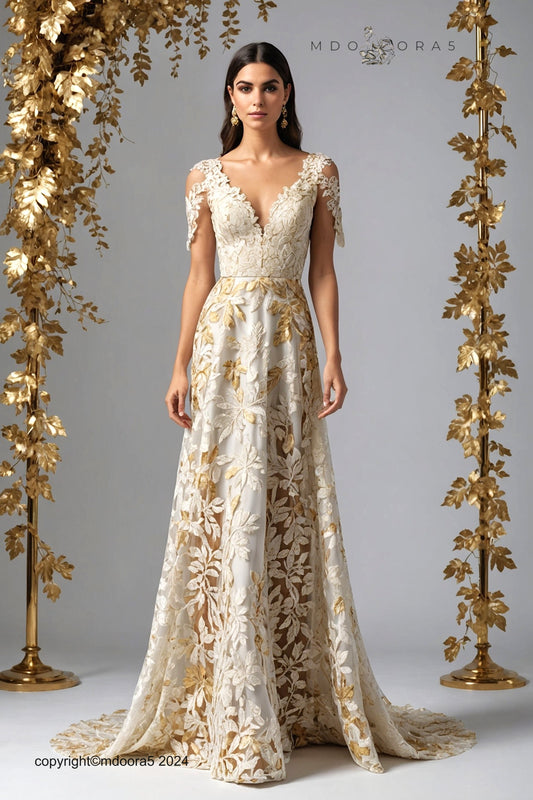 Layla - a long dress made of beige and gold lace with leaf motifs.  (All items are made to order - Custom sewing)