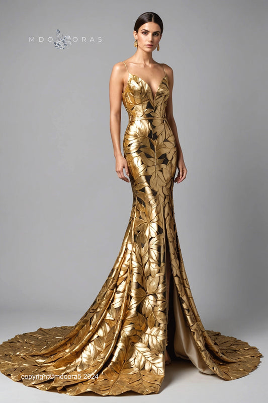 Rania - long fitted evening dress in gold with leaf motifs.  (All items are made to order - Custom sewing)