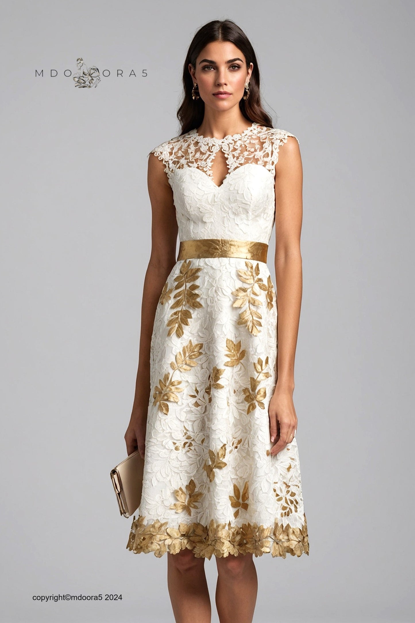 Teti - white and gold lace dress with leaf motifs. (All items are made to order - Custom sewing)