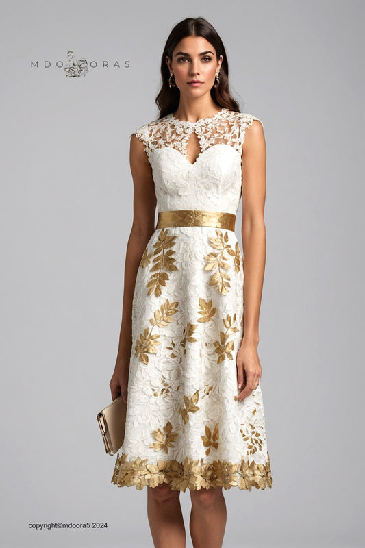 Teti - white and gold lace dress with leaf motifs. (All items are made to order - Custom sewing)