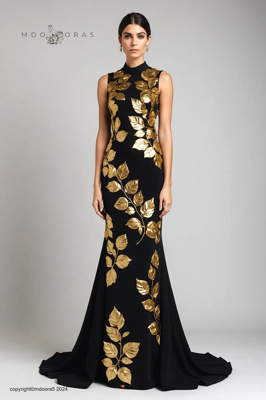 Nour - evening dress with gold leaf accessories.  (All items are made to order - Custom sewing)