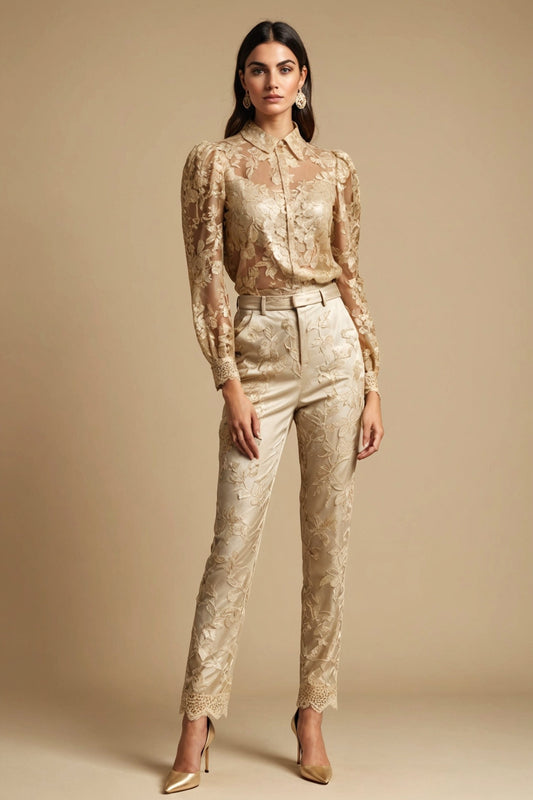 elegant beige and gold lace trousers. (All items are made to order - Custom sewing)