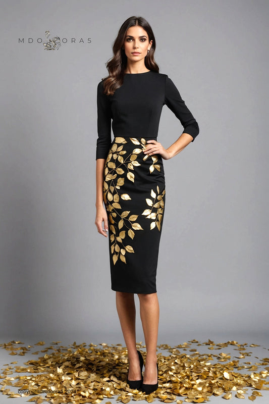 Dahlia - black skirt decorated with golden leaf sprigs. (All items are made to order - Custom sewing)