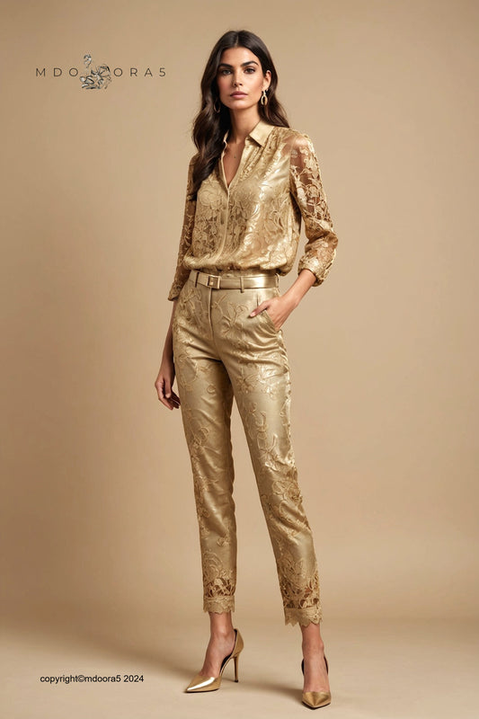 Merytamen - elegant beige and gold lace trousers.  (All items are made to order - Custom sewing)