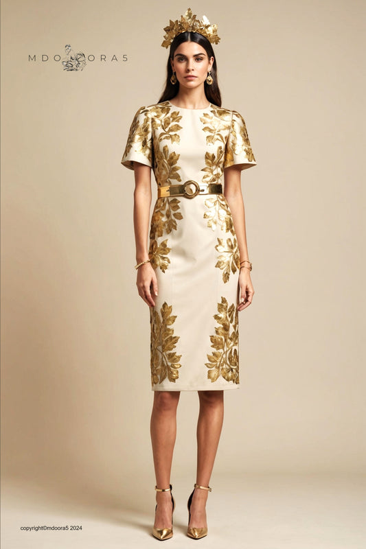 Cleopatra - light beige dress with gold leaf accessories.  (All items are made to order - Custom sewing)