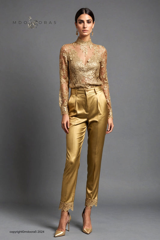 Mona - gold pants with decorative lace at the bottom of the legs. (All items are made to order - Custom sewing)