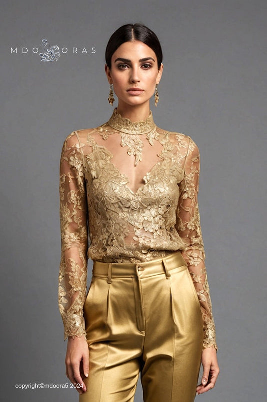 Isis - beautiful lace blouse in gold. (All items are made to order - Custom sewing)