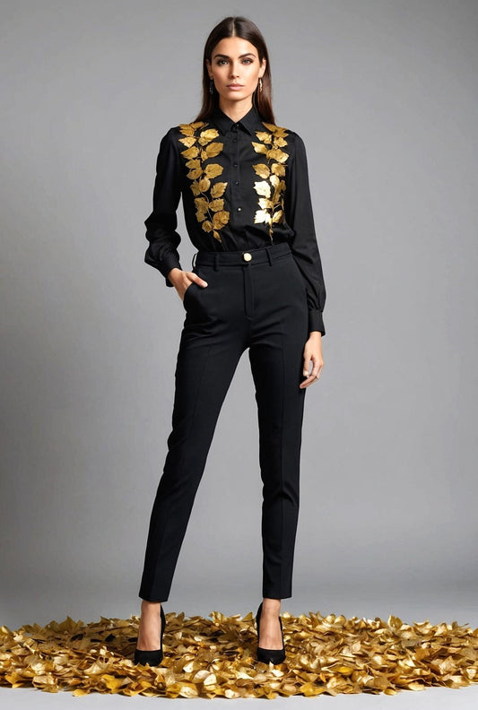 Gianni - Black women's shirt decorated with gold leaves. (All items are made to order - Custom sewing)