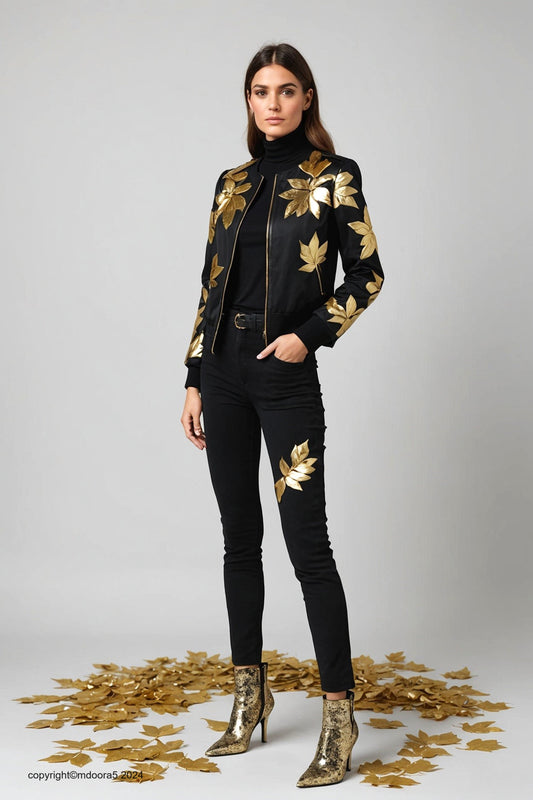 Neith - an elegant bomber jacket decorated with gold leaves. (All items are made to order - Custom sewing)