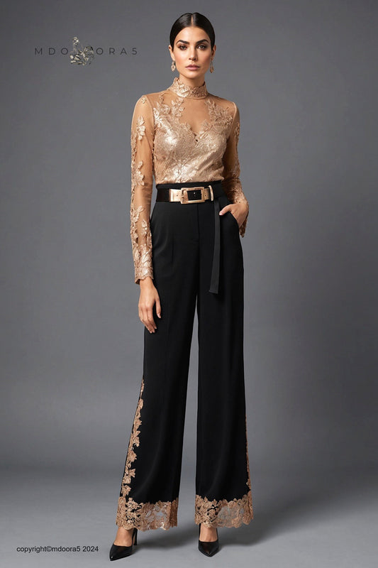 Sitamun - black trousers decorated with beige and gold lace. (All items are made to order - Custom sewing)