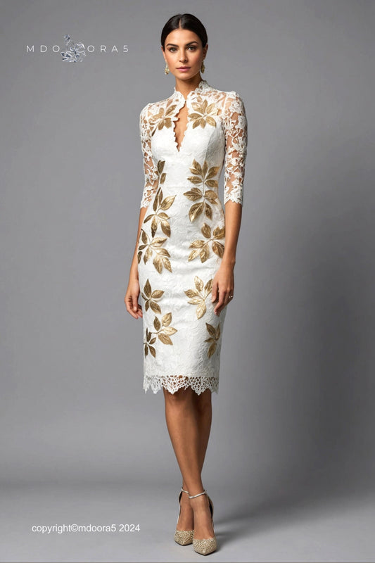 Samira - white and gold lace knee-length evening dress with leaves.  (All items are made to order - Custom sewing)